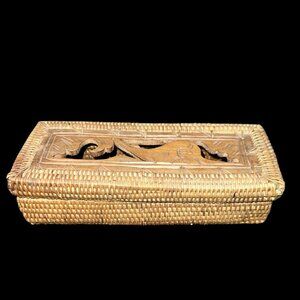 Vintage Rattan Box, Wooden Bird on Top, 1960s Rattan & Wood - Lombok, Thailand